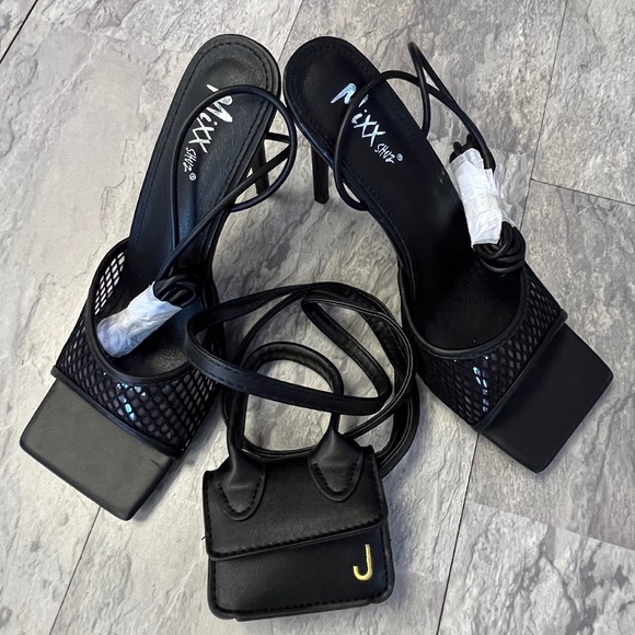 Black Square Open Toe Mesh Lace Up Stiletto Heel Sandals - Picture 1 of 2